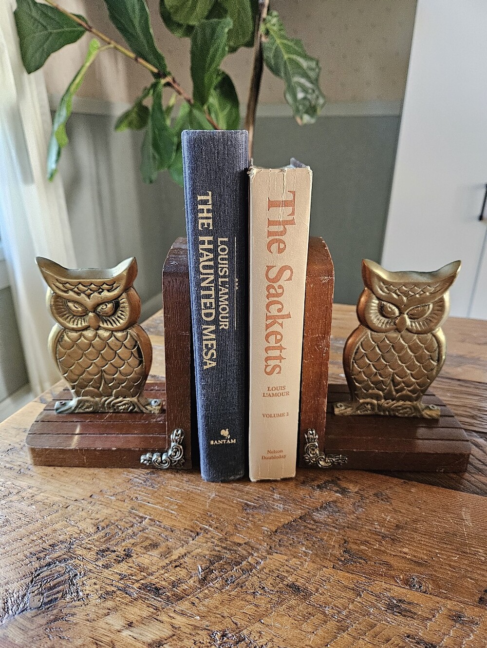 Vintage Enesco Brass Owl Bookends with Wood Base (1970s)